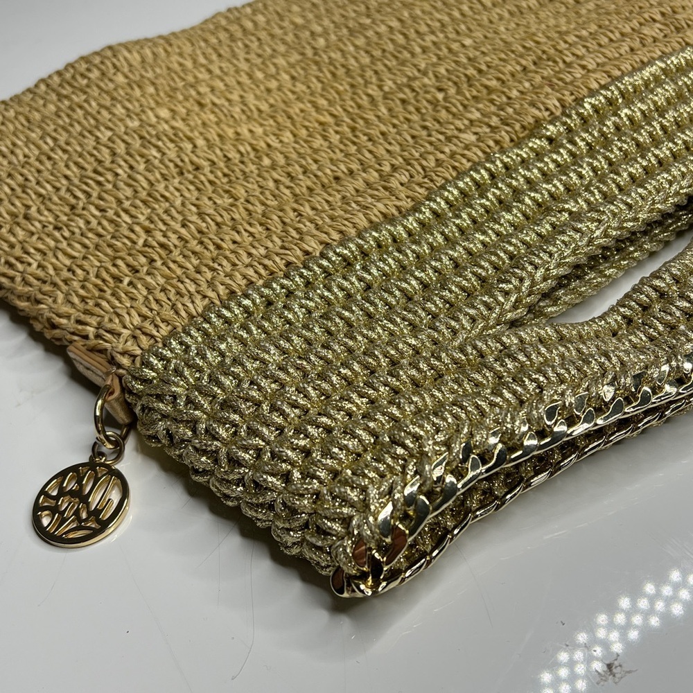 Lilly Pulitzer Beige Straw and Gold Crochet Chain Trim Hand Flat Tote Clutch Bag - Picture 5 of 9
